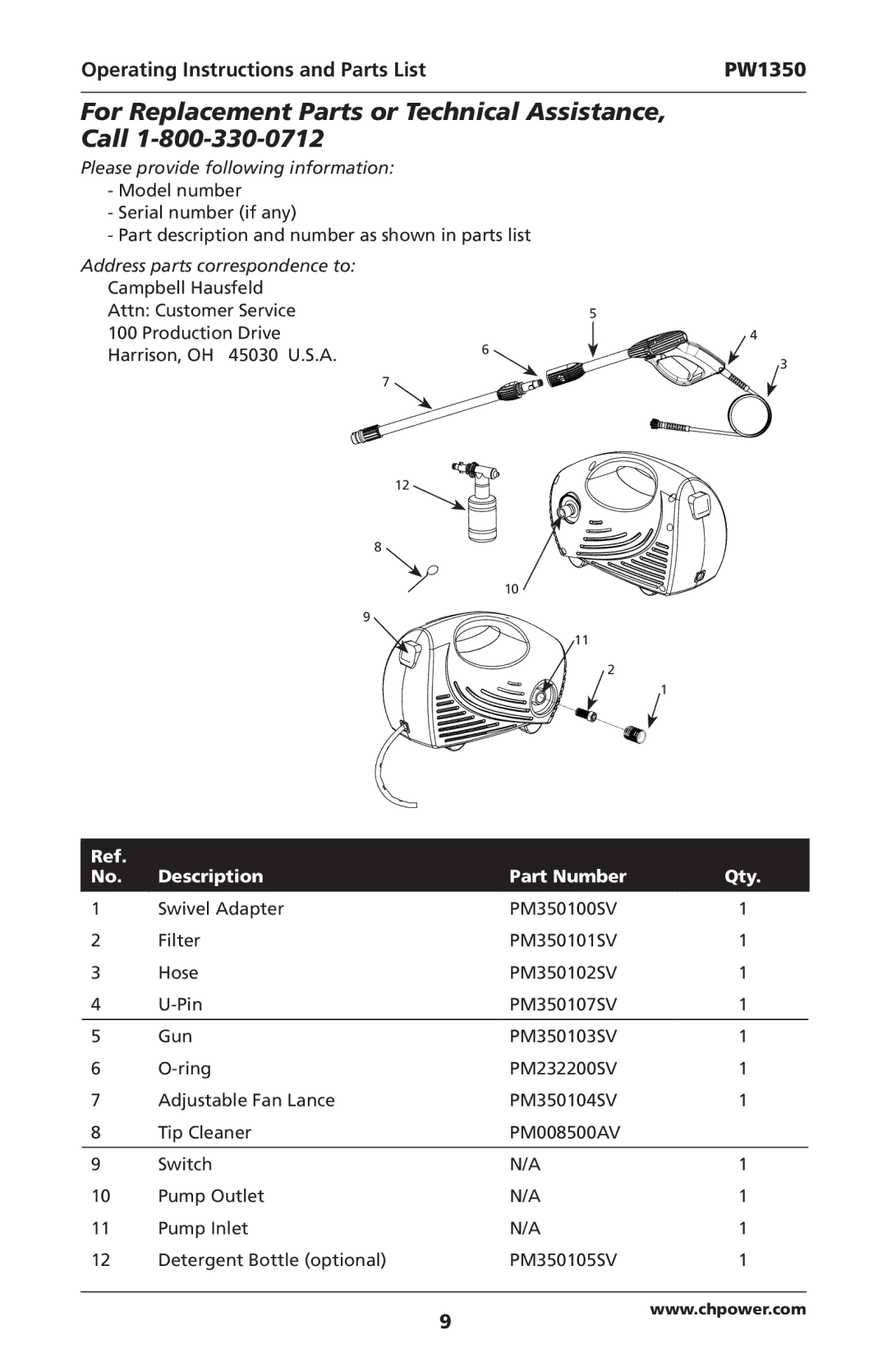 Campbell Hausfeld IN468001AV specifications For Replacement Parts or Technical Assistance, Call 