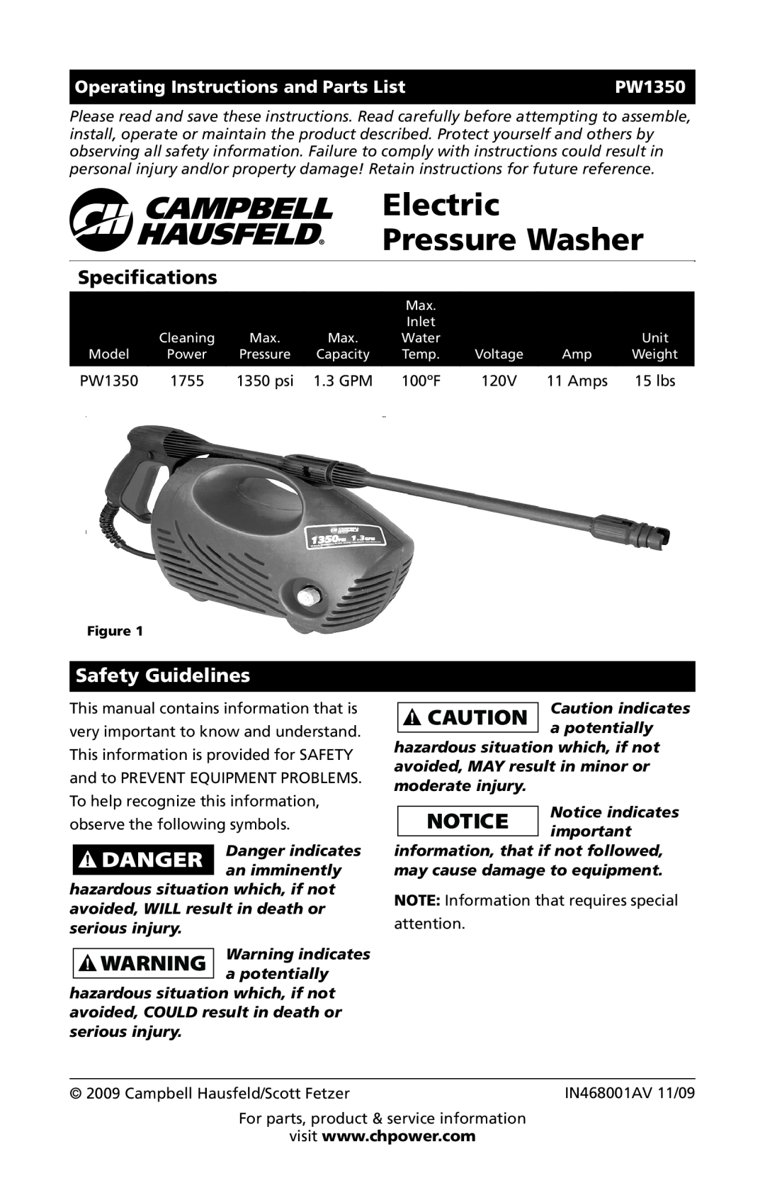 Campbell Hausfeld IN468001AV specifications Electric Pressure Washer, Specifications, Safety Guidelines, PW1350 
