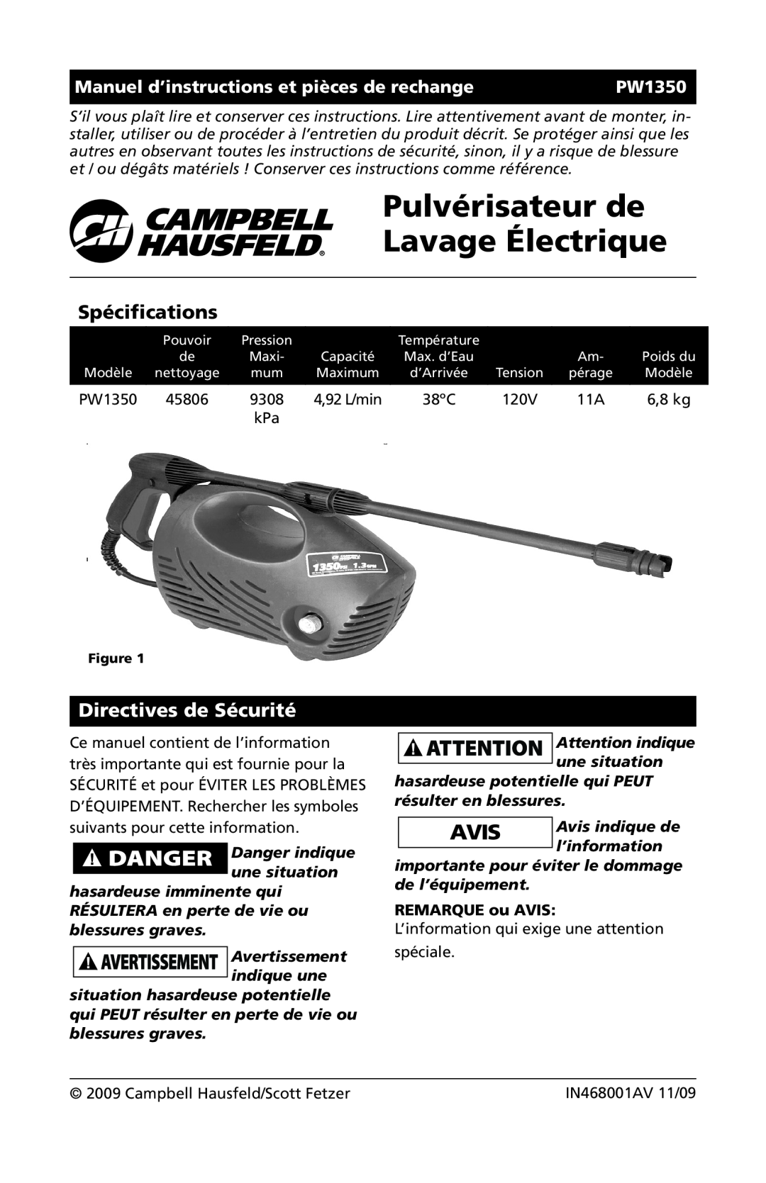 Campbell Hausfeld IN468001AV Pulvérisateur de Lavage Électrique, Spécifications, Directives de Sécurité, 6,8 kg, PW1350 