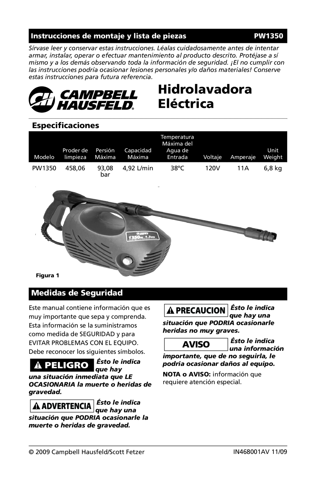 Campbell Hausfeld IN468001AV Hidrolavadora Eléctrica, Especificaciones, Medidas de Seguridad, 93,08, PW1350, 6,8 kg 