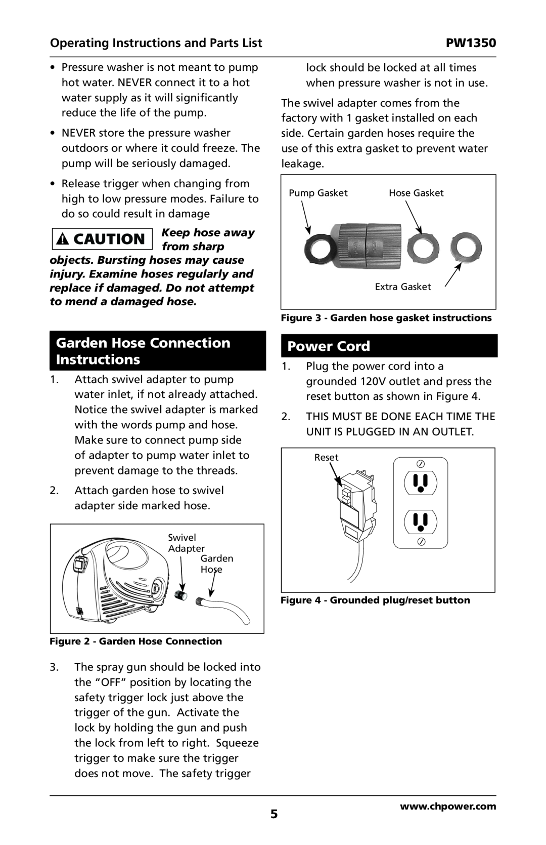 Campbell Hausfeld IN468001AV Garden Hose Connection Instructions, Power Cord, Keep hose away from sharp, PW1350 