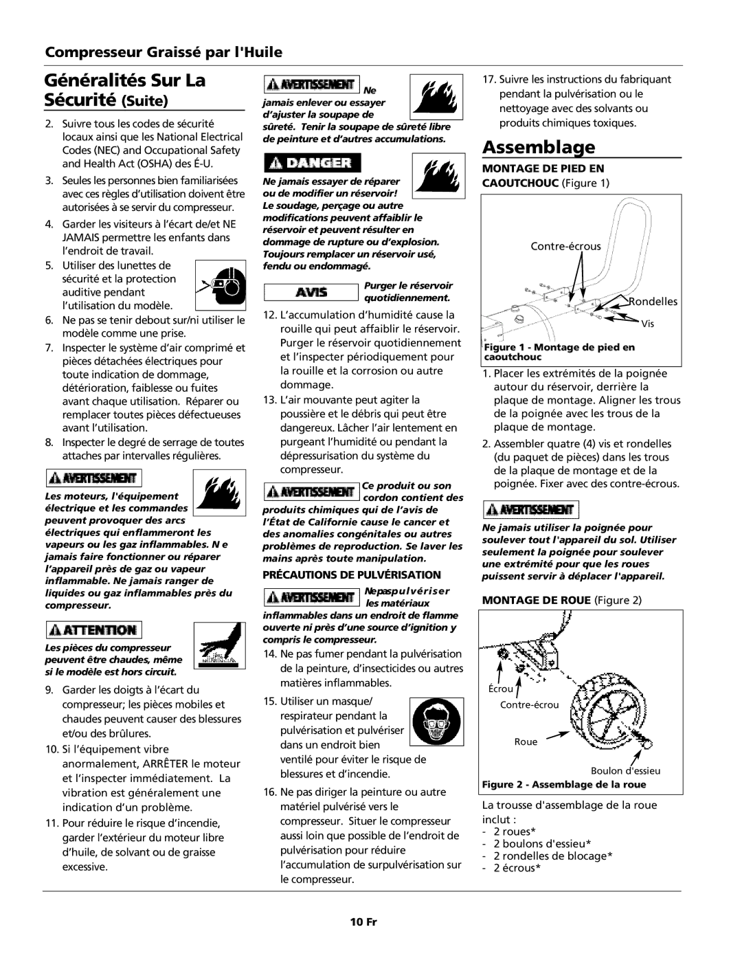 Campbell Hausfeld IN615601AV Généralités Sur La Sécurité Suite, S e m b l a g e, M p resseur Graissé par lHuile 