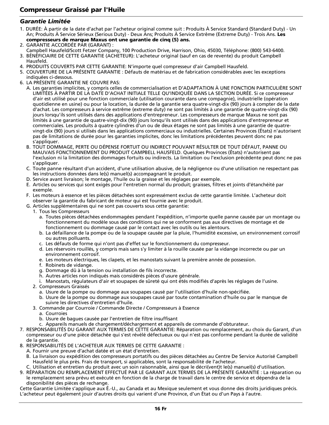 Campbell Hausfeld IN615601AV operating instructions Garantie Limitée, Garantie Accordée PAR Garant 