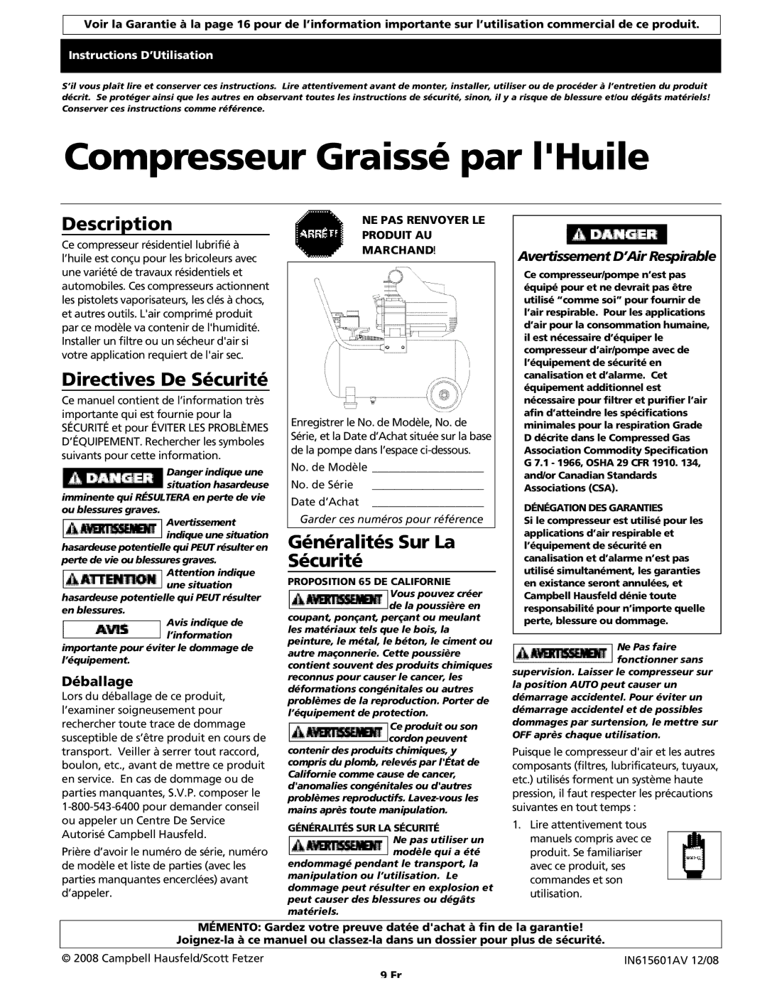 Campbell Hausfeld IN615601AV operating instructions Directives De Sécurité, Généralités Sur La Sécurité, B a l l a g e 