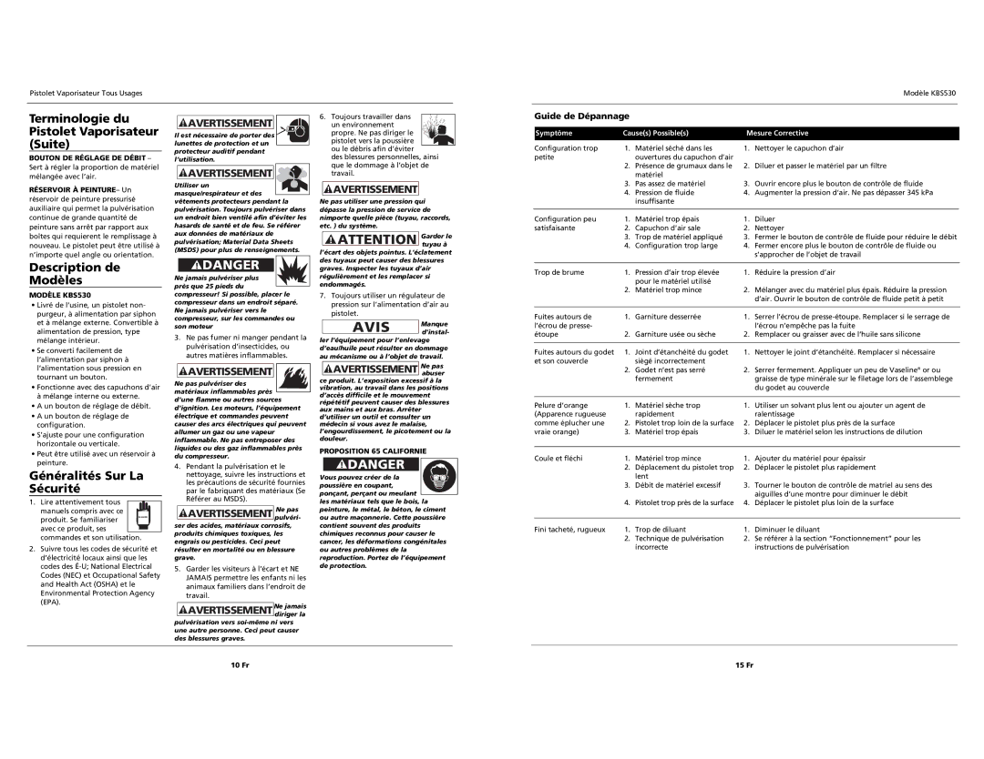 Campbell Hausfeld KBS530 operating instructions Guide de Dépannage, Pistolet Vaporisateur Tous Usages 