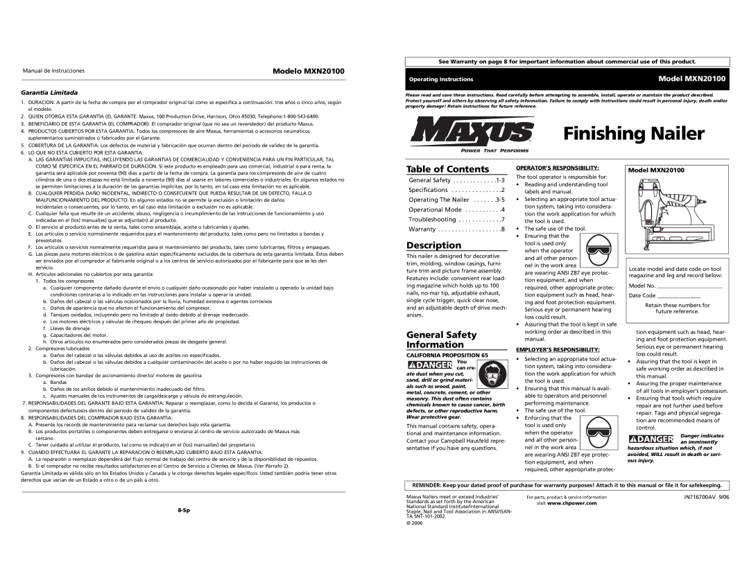 Campbell Hausfeld MXN20100 specifications Finishing Nailer, Table of Contents, Description, General Safety Information 