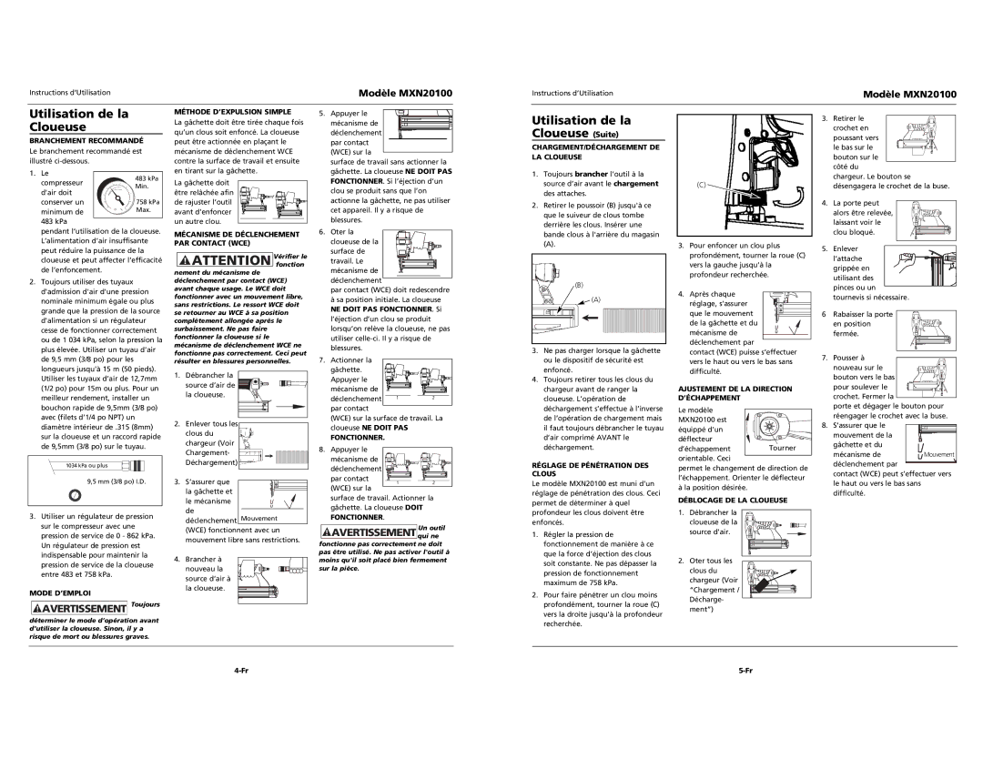 Campbell Hausfeld MXN20100 specifications Utilisation de la Cloueuse 