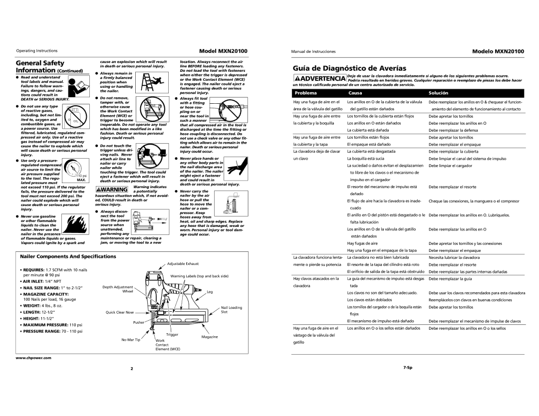 Campbell Hausfeld specifications Guía de Diagnóstico de Averías, Model MXN20100, Nailer Components And Specifications 