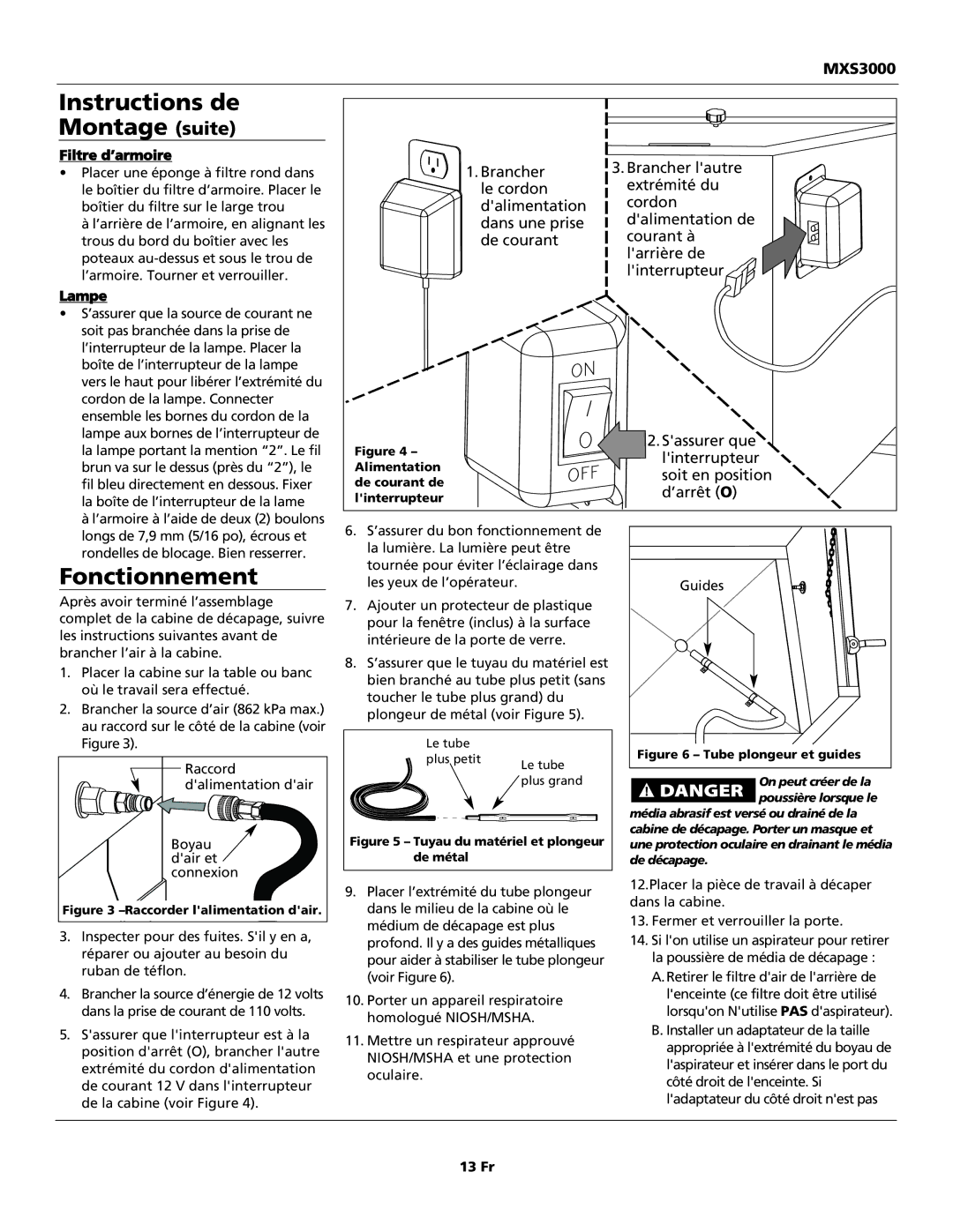 Campbell Hausfeld MXS3000 specifications Instructions de Montage suite, Fonctionnement, Filtre d’armoire, Lampe, 13 Fr 