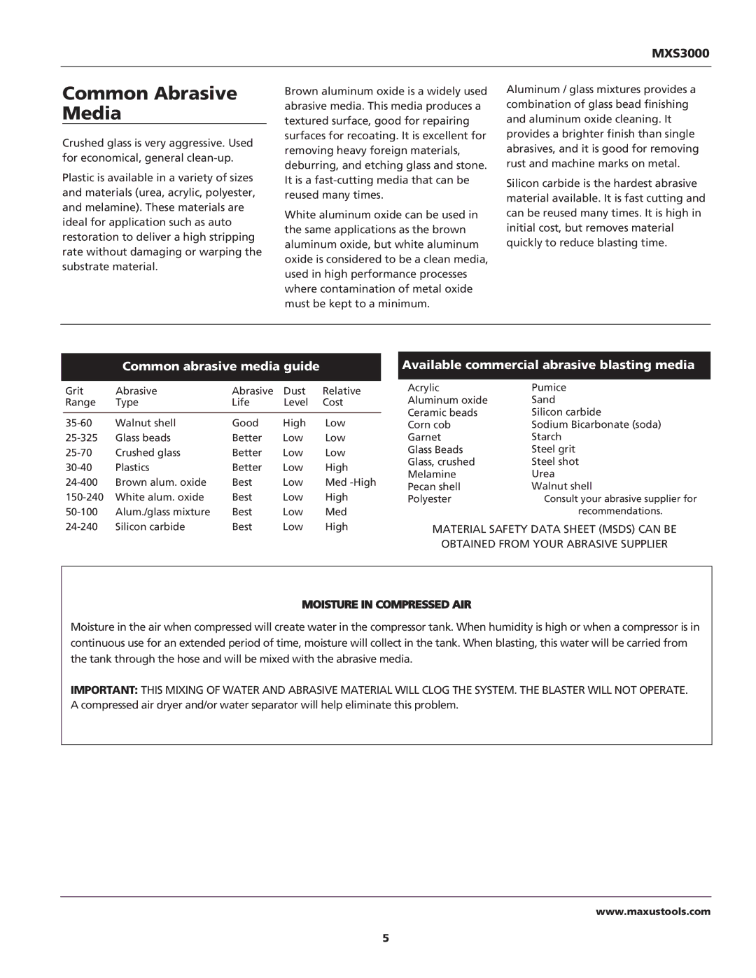 Campbell Hausfeld MXS3000 specifications Common abrasive media guide, Available commercial abrasive blasting media 