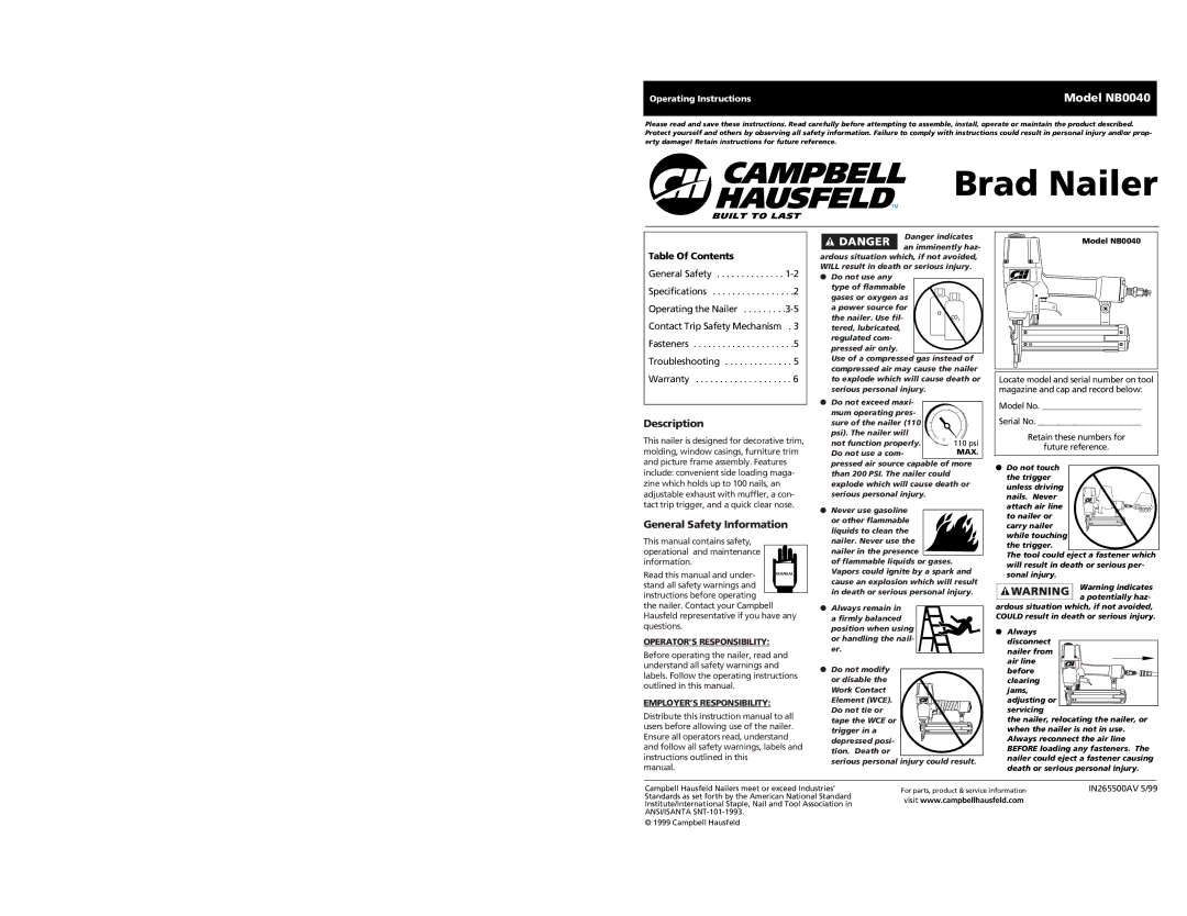 Campbell Hausfeld NB0040 operating instructions Description, General Safety Information 