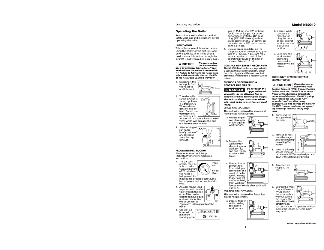 Campbell Hausfeld operating instructions Model NB0040, Operating The Nailer 