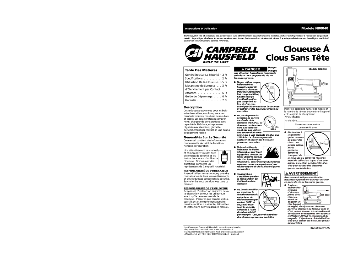 Campbell Hausfeld NB0040 Table Des Matières, Généralités Sur La Sécurité, Responsabilité DE L’UTILISATEUR 