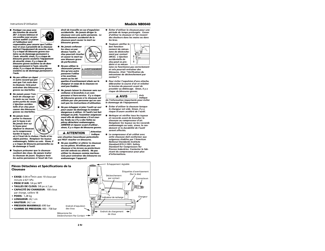 Campbell Hausfeld operating instructions Modèle NB0040, Gamme DE Pression 483 758 bar 