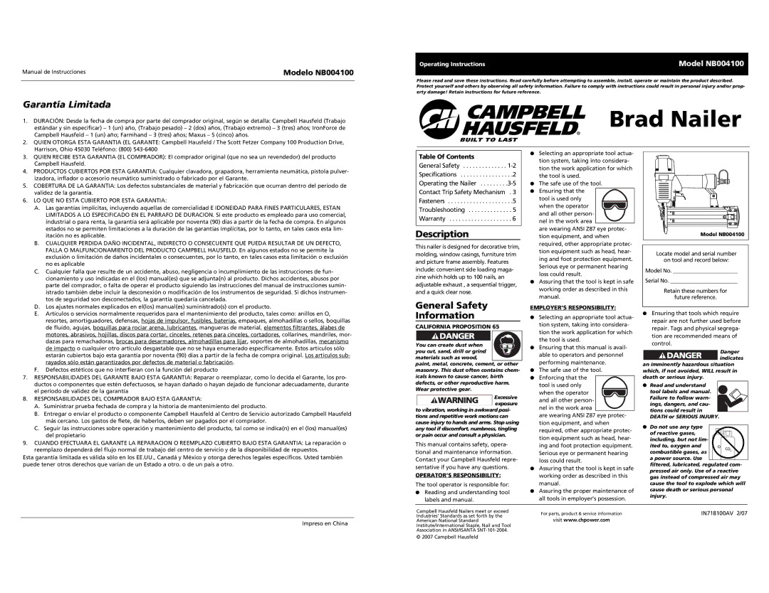 Campbell Hausfeld NB004100 operating instructions Garantía Limitada, Description, General Safety Information 