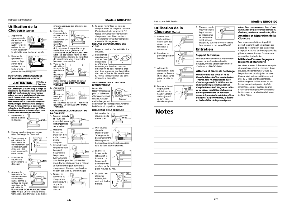 Campbell Hausfeld NB004100 operating instructions Utilisation de la Cloueuse Suite, Entretien, Support Technique 