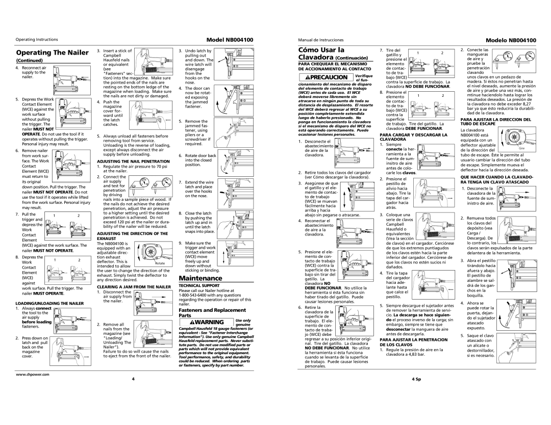 Campbell Hausfeld NB004100 operating instructions Maintenance, Fasteners and Replacement Parts 