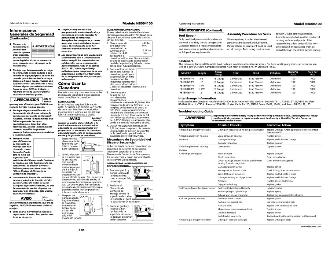 Campbell Hausfeld NB004100 operating instructions Cómo Usar la Clavadora 