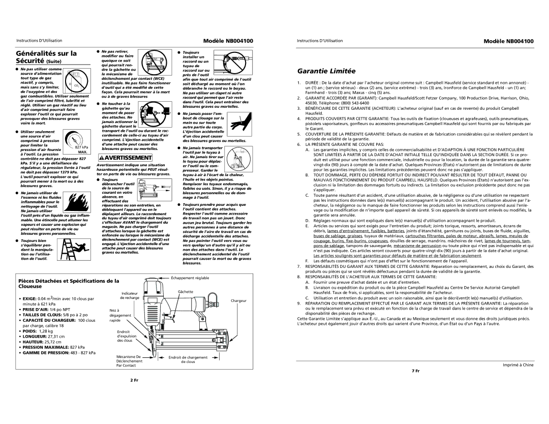 Campbell Hausfeld operating instructions Généralités sur la Sécurité Suite, Garantie Limitée, Modèle NB004100 