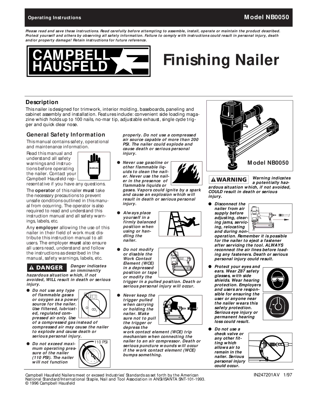 Campbell Hausfeld operating instructions Description, General Safety Information, Model NB0050 