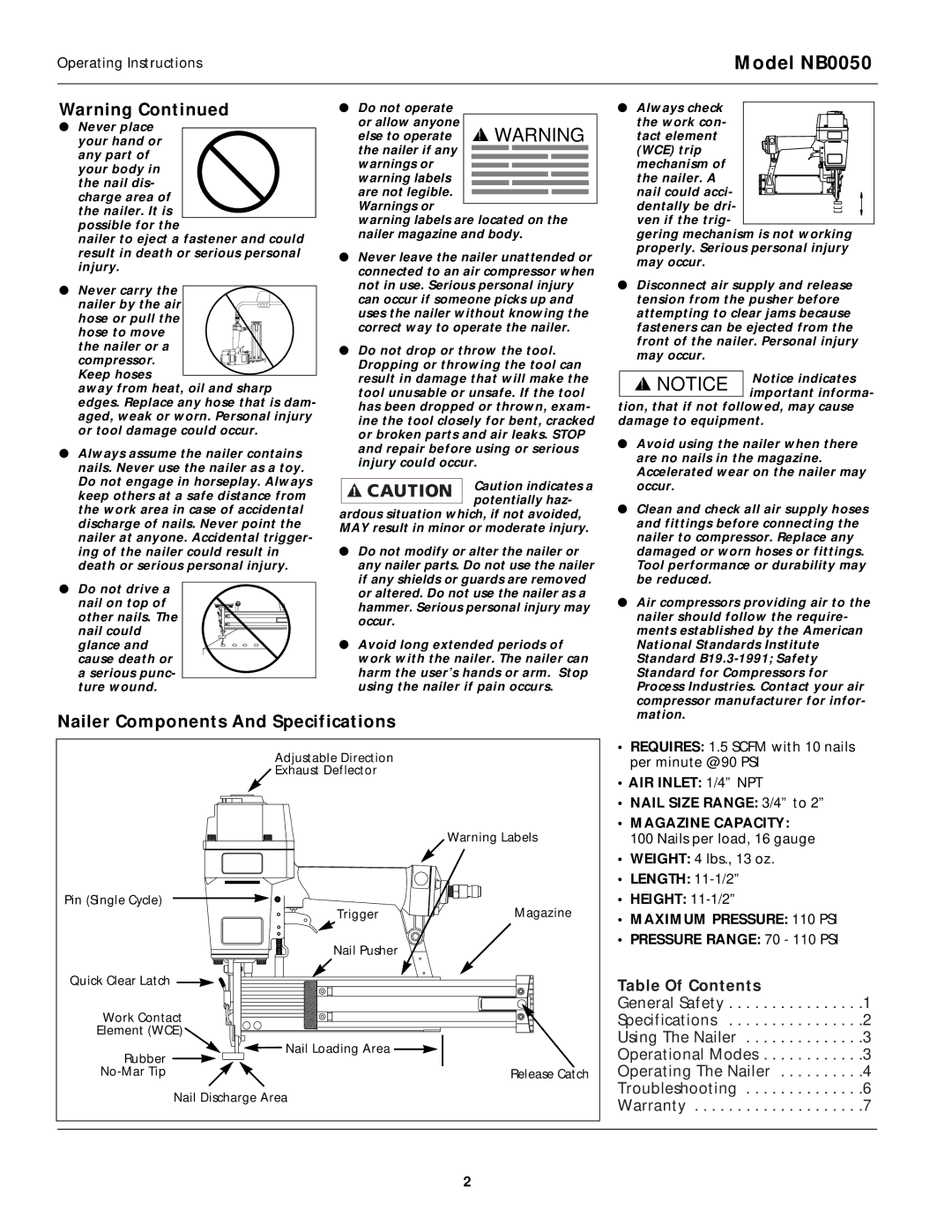 Campbell Hausfeld operating instructions Model NB0050, Nailer Components And Specifications 