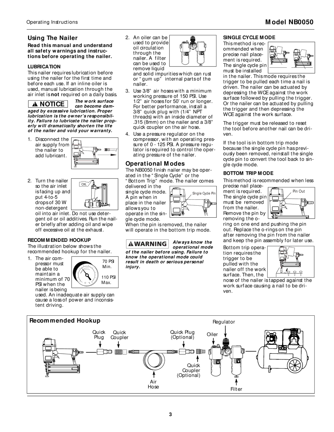 Campbell Hausfeld NB0050 operating instructions Using The Nailer, Operational Modes, Recommended Hookup 