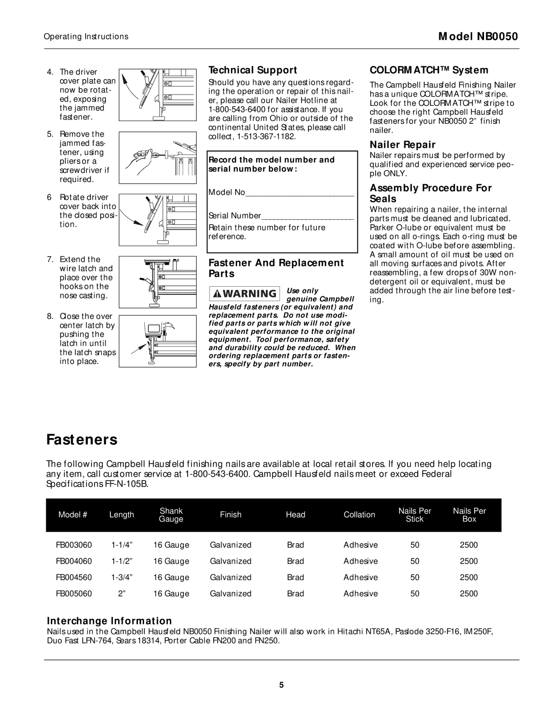 Campbell Hausfeld NB0050 operating instructions Fasteners 