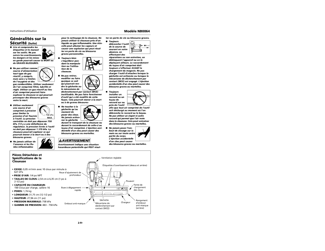 Campbell Hausfeld NB0064 Généralités sur la Sécurité Suite, Pièces Détachées et Spécifications de la Cloueuse 