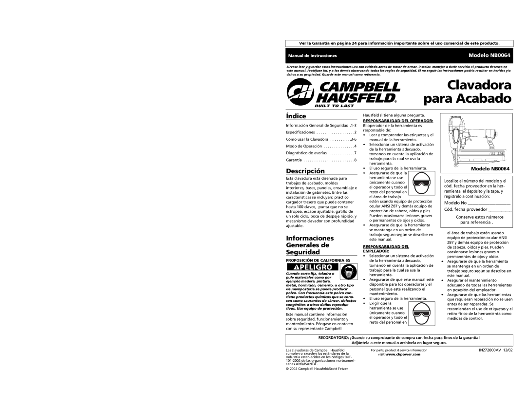 Campbell Hausfeld specifications Índice, Descripción, Informaciones Generales de Seguridad, Modelo NB0064 