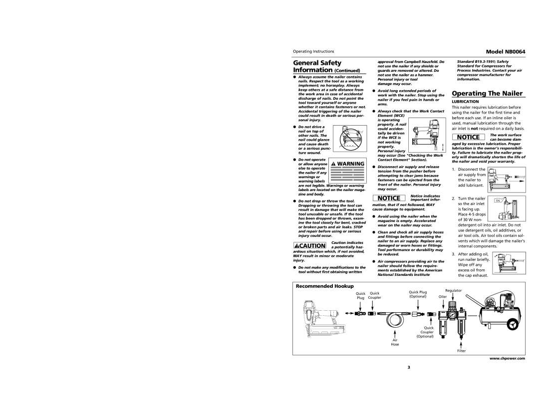 Campbell Hausfeld NB0064 specifications Operating The Nailer, Recommended Hookup, Lubrication 