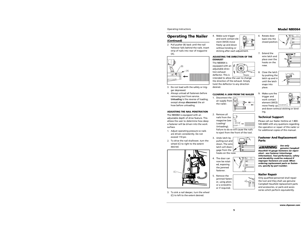 Campbell Hausfeld NB0064 specifications Technical Support, Fastener And Replacement Parts, Nailer Repair 