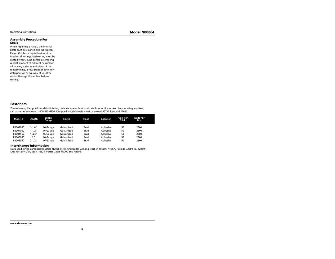 Campbell Hausfeld NB0064 specifications Assembly Procedure For Seals, Fasteners, Interchange Information 