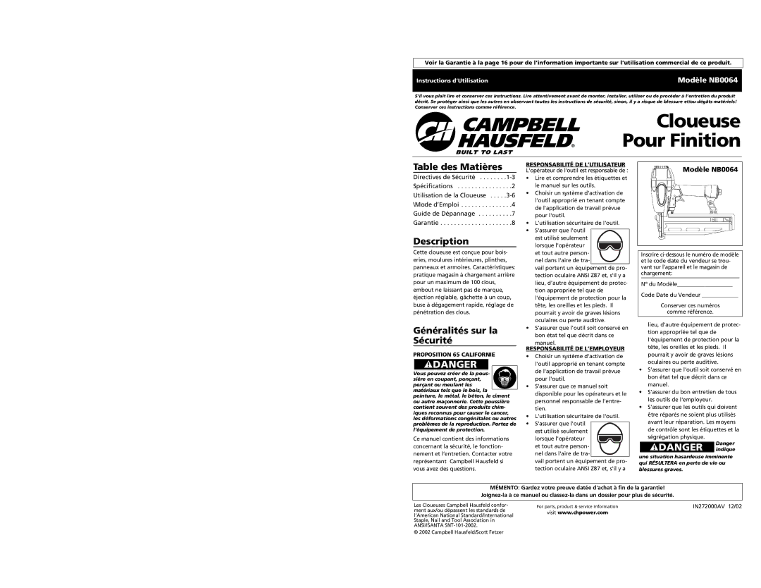 Campbell Hausfeld specifications Table des Matières, Généralités sur la Sécurité, Modèle NB0064 