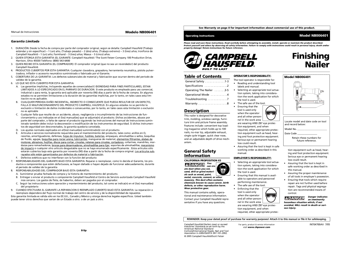 Campbell Hausfeld NB006401 specifications Finishing Nailer, Table of Contents, Description, General Safety Information 