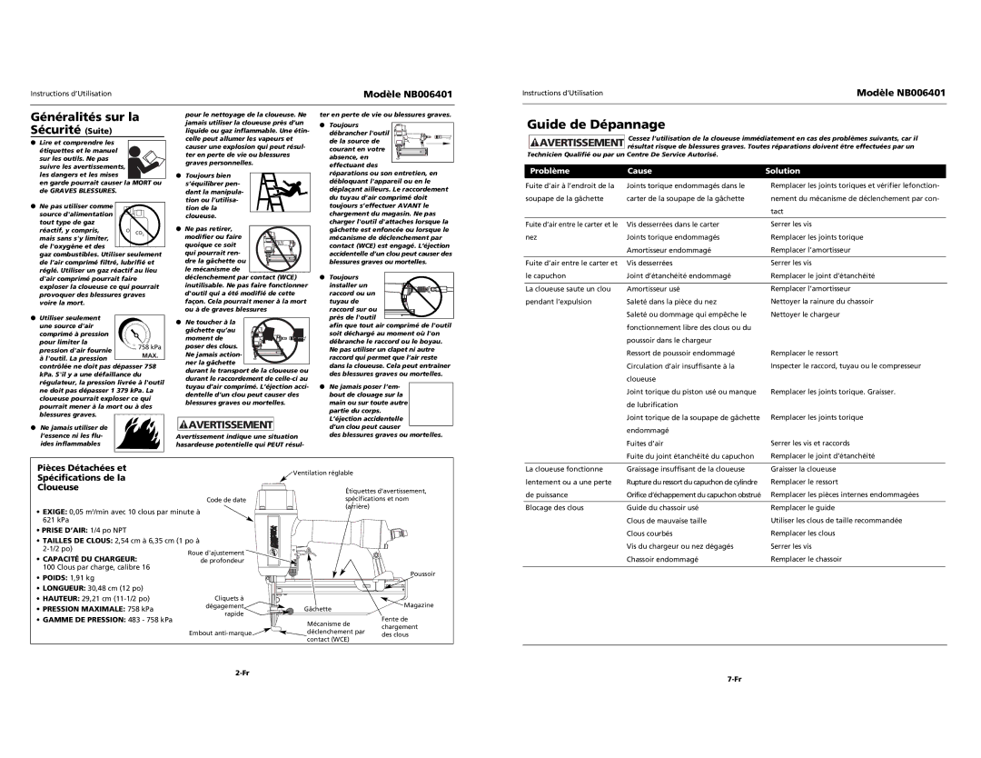 Campbell Hausfeld NB006401 specifications Guide de Dépannage, Généralités sur la Sécurité Suite, Pièces Détachées et 