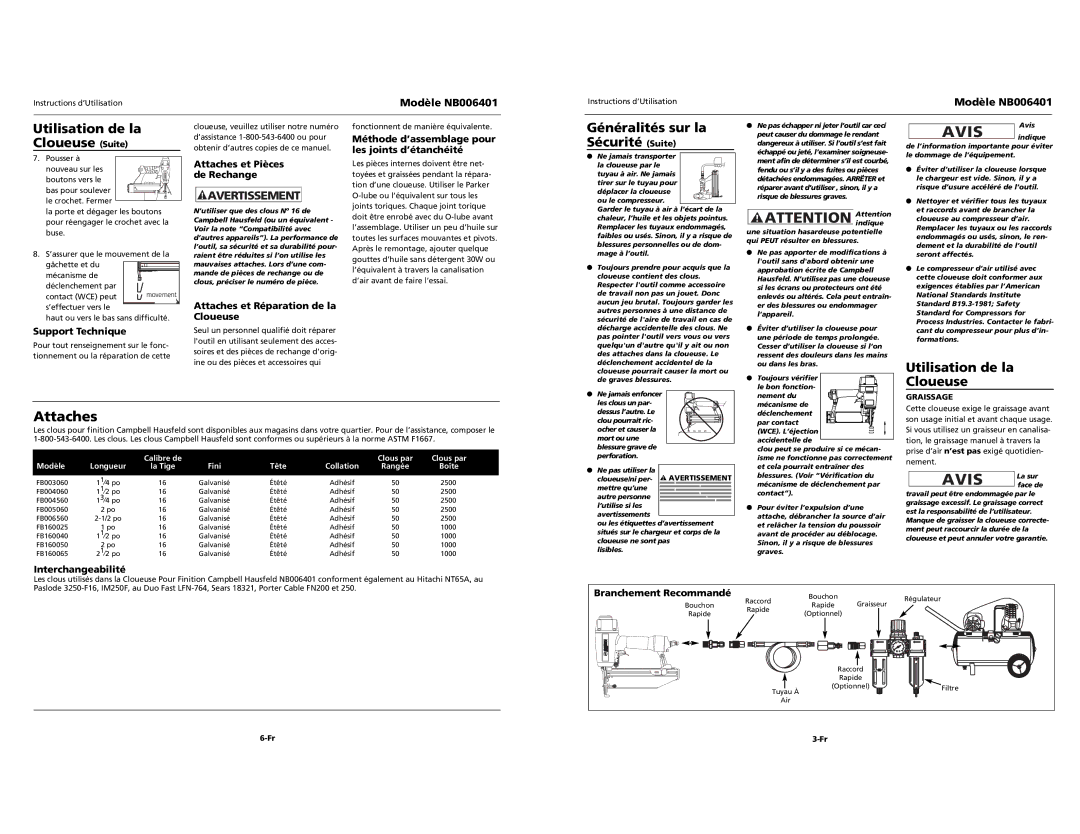 Campbell Hausfeld NB006401 specifications Attaches, Utilisation de la Cloueuse Suite 