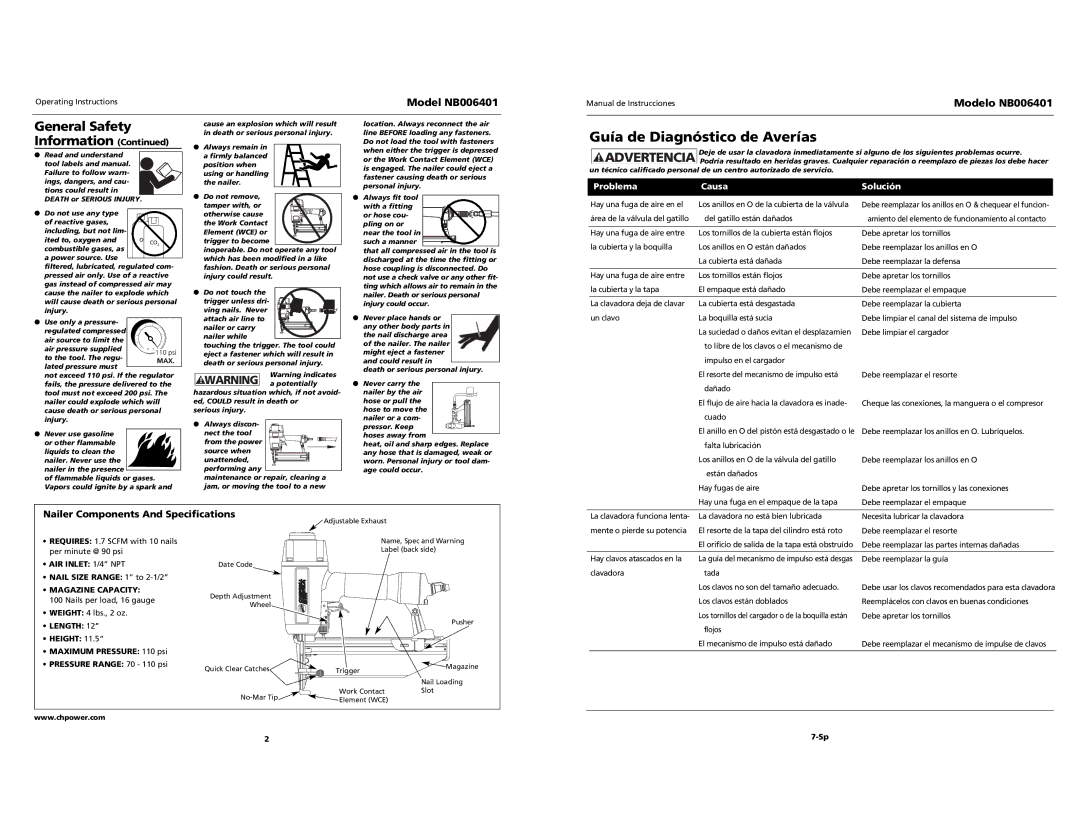 Campbell Hausfeld NB006401 Guía de Diagnóstico de Averías, Nailer Components And Specifications, Problema Causa Solución 