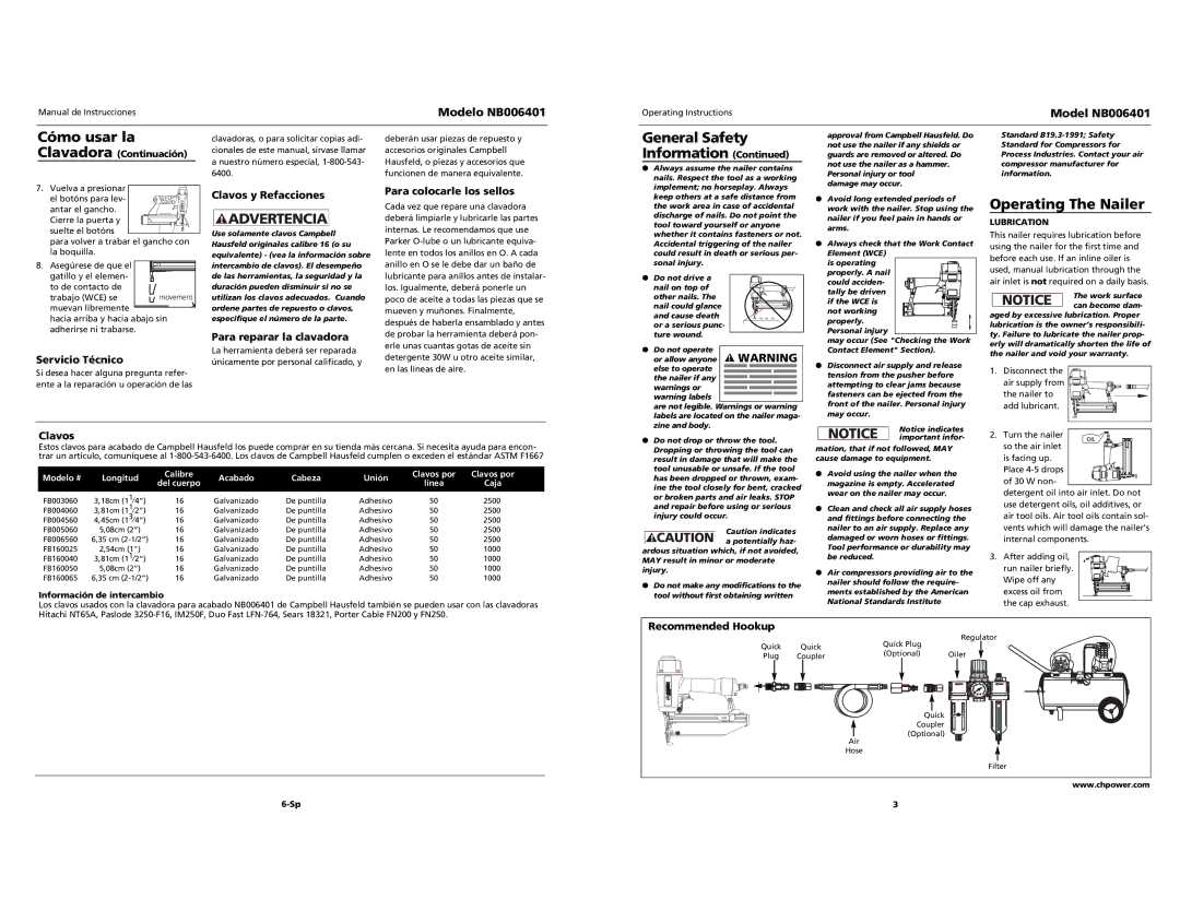 Campbell Hausfeld NB006401 specifications Cómo usar la, Operating The Nailer 