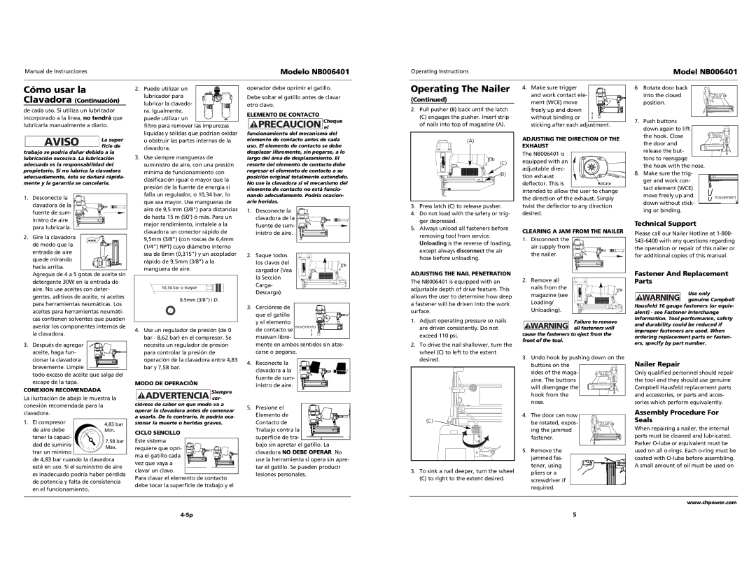 Campbell Hausfeld NB006401 Technical Support, Fastener And Replacement Parts, Nailer Repair, Assembly Procedure For Seals 