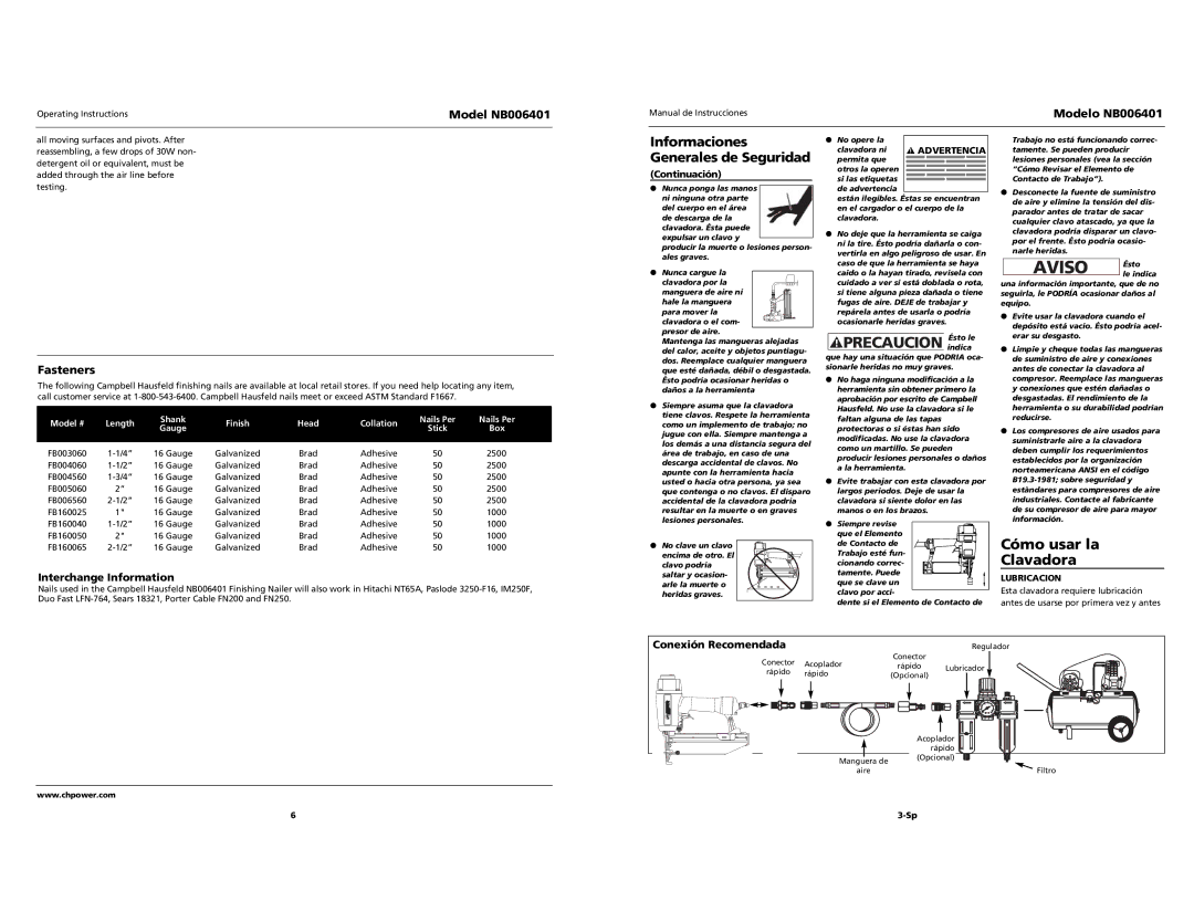 Campbell Hausfeld NB006401 Cómo usar la Clavadora, Fasteners, Interchange Information, Conexión Recomendada, Continuación 