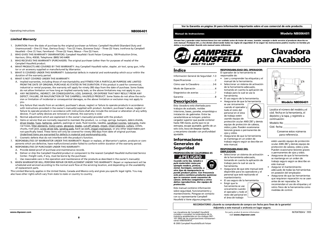 Campbell Hausfeld NB006401 specifications Clavadora para Acabado, Índice, Descripción, Informaciones Generales de Seguridad 