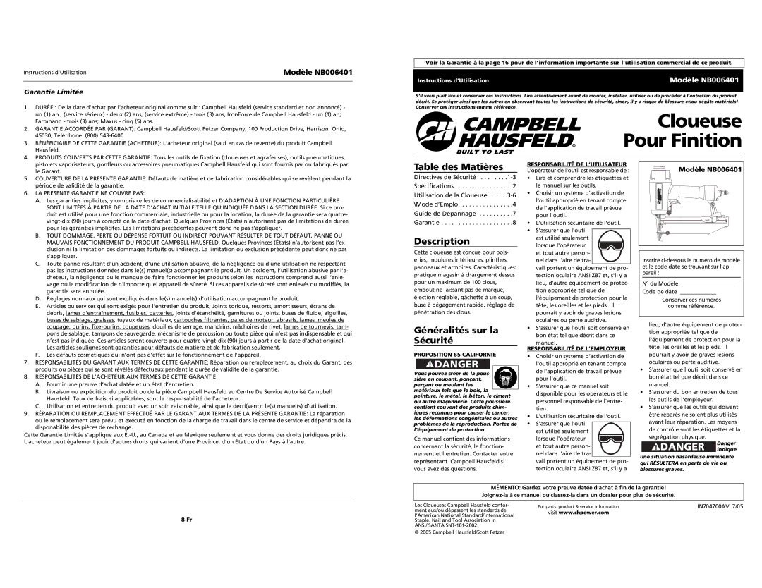 Campbell Hausfeld NB006401 Cloueuse Pour Finition, Table des Matières, Généralités sur la Sécurité, Garantie Limitée 