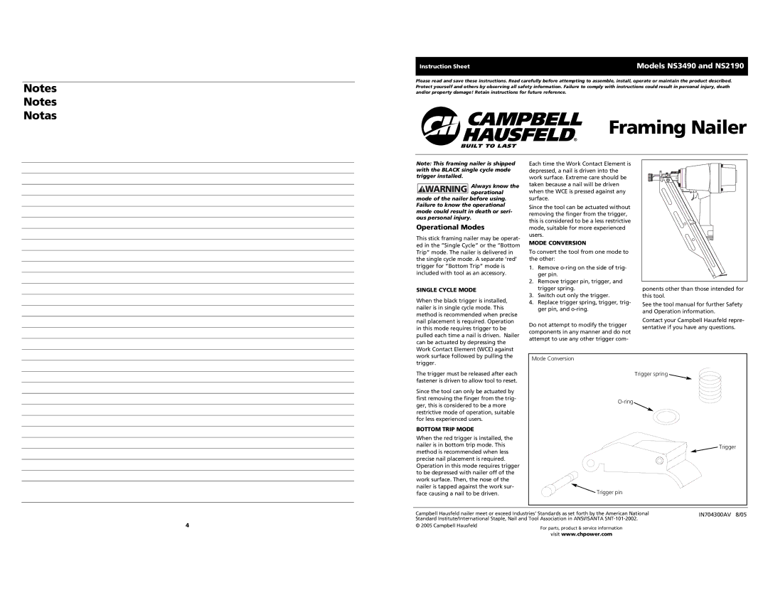 Campbell Hausfeld instruction sheet Models NS3490 and NS2190, Operational Modes, Single Cycle Mode, Mode Conversion 