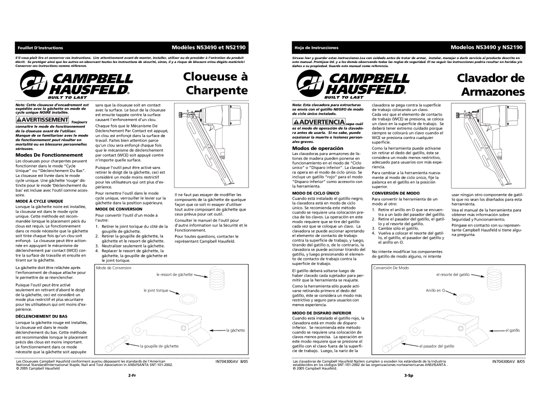 Campbell Hausfeld Modèles NS3490 et NS2190, Modes De Fonctionnement, Modelos NS3490 y NS2190, Modos de operación 