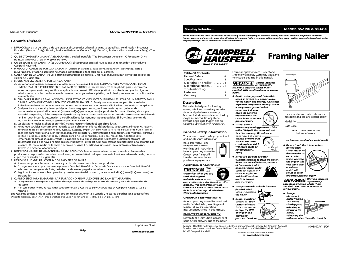 Campbell Hausfeld operating instructions Modelos NS2190 & NS3490, Models NS2190 & NS3490, Description 