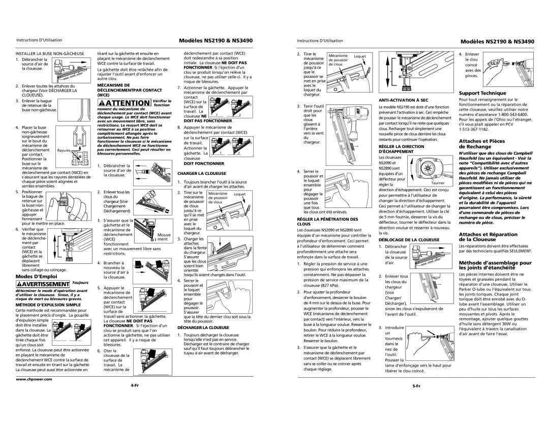 Campbell Hausfeld NS3490, NS2190 Support Technique, Attaches et Pièces de Rechange, Attaches et Réparation, Modes D’Emploi 