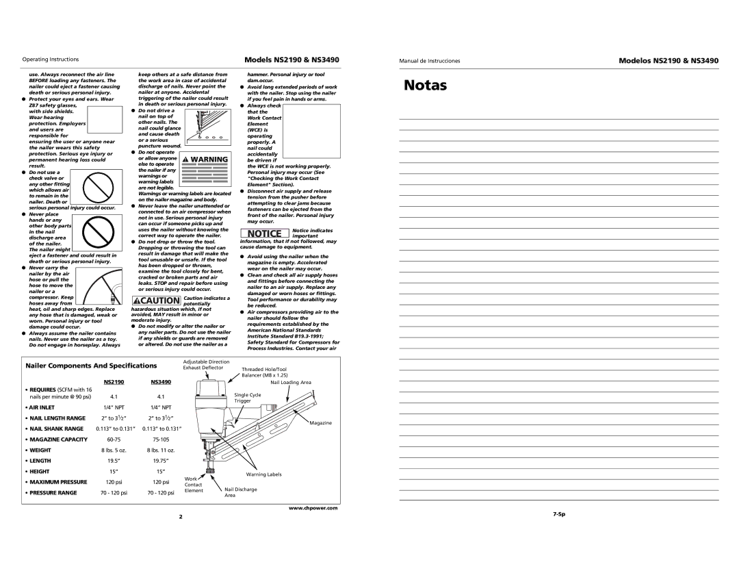 Campbell Hausfeld operating instructions Models NS2190 & NS3490, Nailer Components And Specifications 