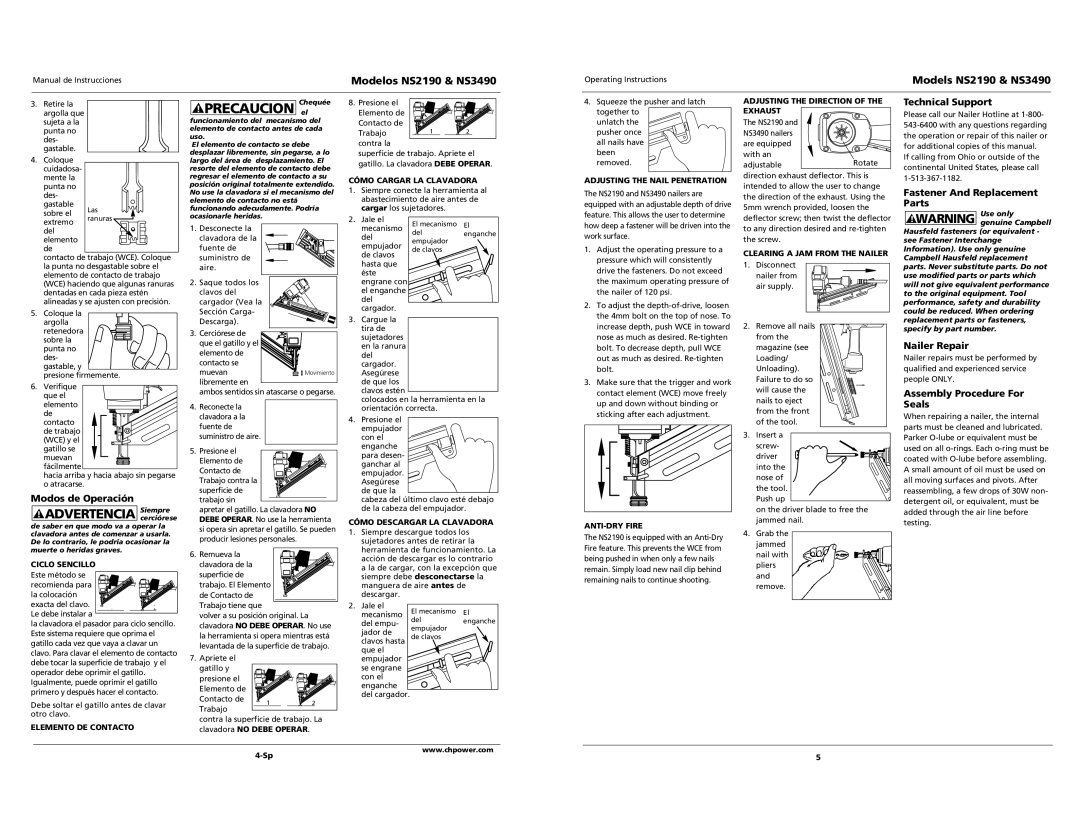 Campbell Hausfeld NS2190, NS3490 Technical Support, Fastener And Replacement Parts, Modos de Operación, Nailer Repair 