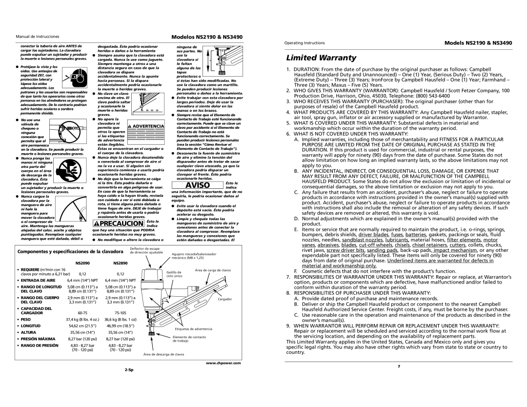 Campbell Hausfeld NS2190, NS3490 operating instructions Componentes y especificaciones de la clavadora 