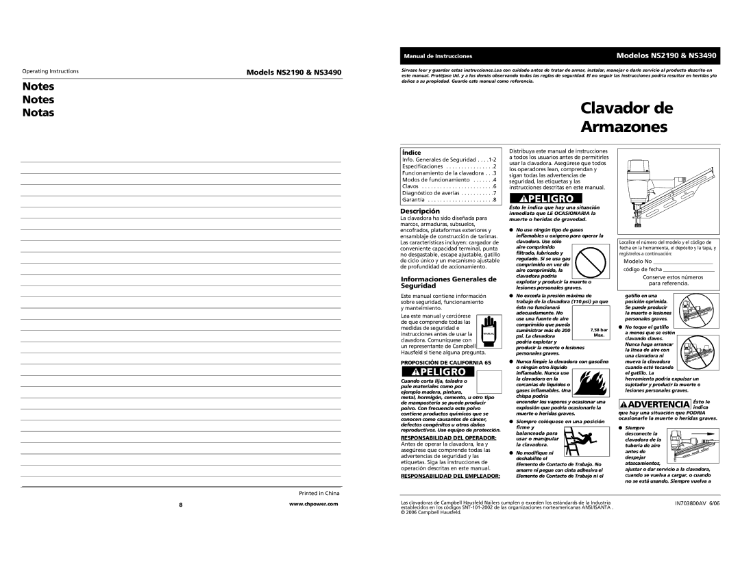 Campbell Hausfeld Notas, Modelos NS2190 & NS3490, Descripción, Informaciones Generales de Seguridad, Índice 